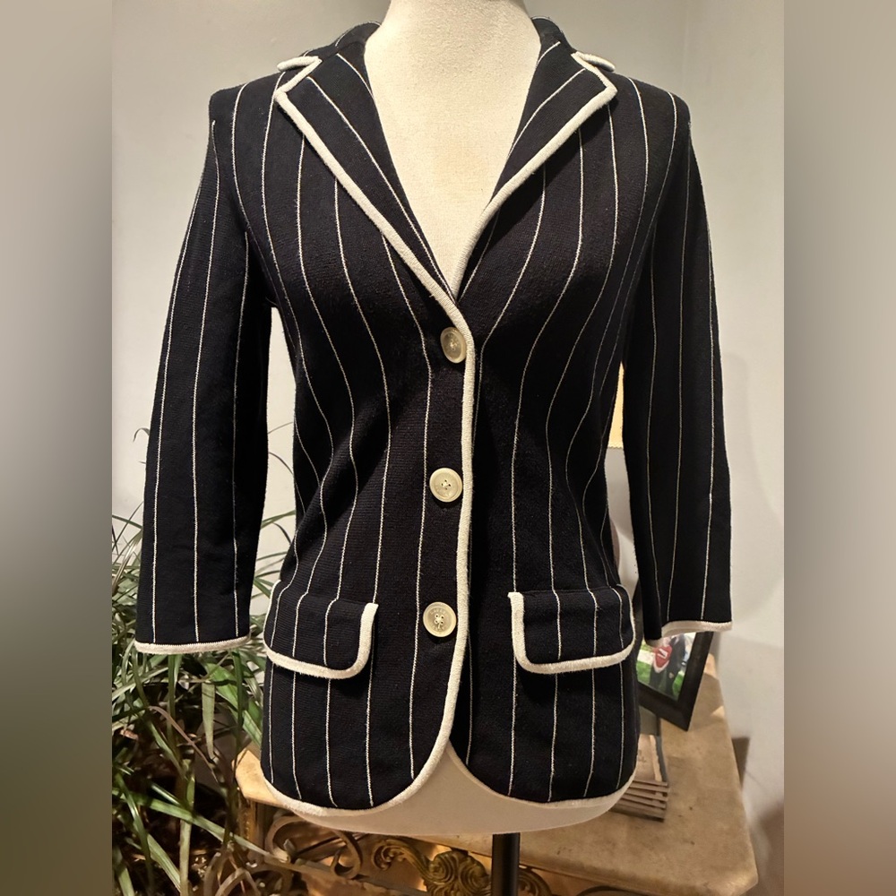 Vintage Lauren by Ralph Lauren Black & White Striped Knit Cotton Blazer Size P/S - Picture 8 of 13